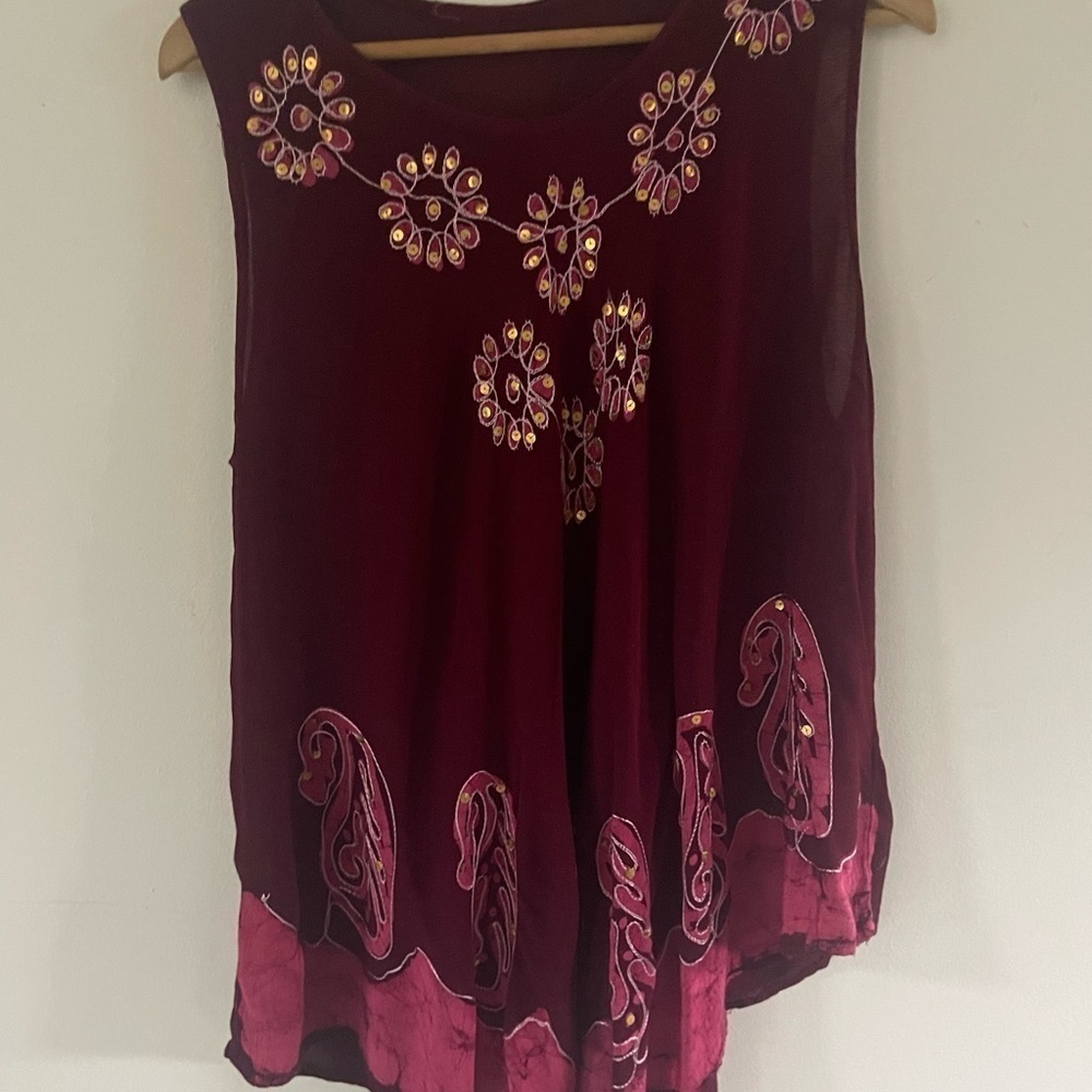 Embroidered Burgundy Rose Paisley Unbranded Beach Resort Cover-Up Top One-Size - Picture 5 of 8